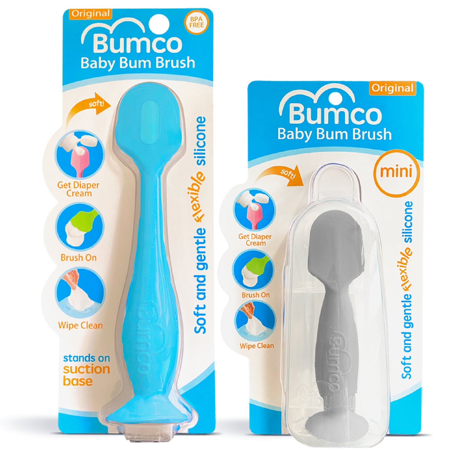 Bumco 2-Pack Full-Size & Mini Baby Bum Brush Bundle (Blue/Gray)