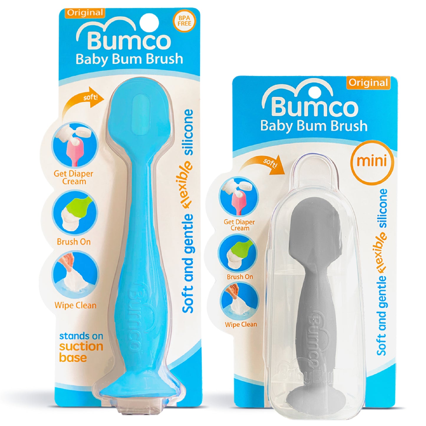 Bumco 2-Pack Full-Size & Mini Baby Bum Brush Bundle (Blue/Grey)