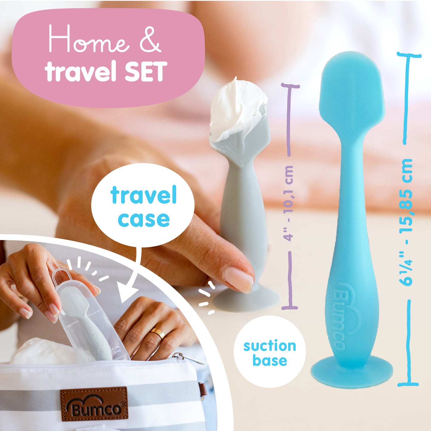 Bumco 2-Pack Full-Size & Mini Baby Bum Brush Bundle (Blue/Gray)