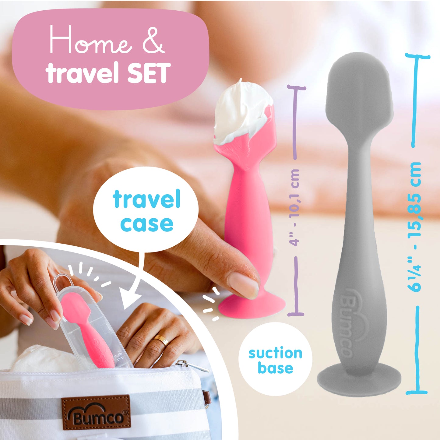 Bumco 2-Pack Full-Size & Mini Baby Bum Brush Bundle (Gray/Pink)