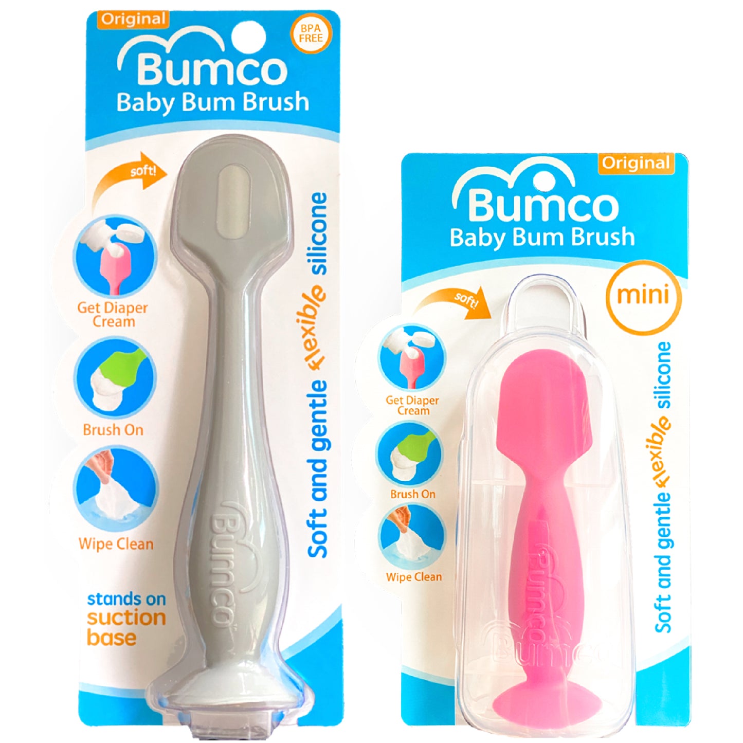 Bumco 2-Pack Full-Size & Mini Baby Bum Brush Bundle (Grey/Pink)